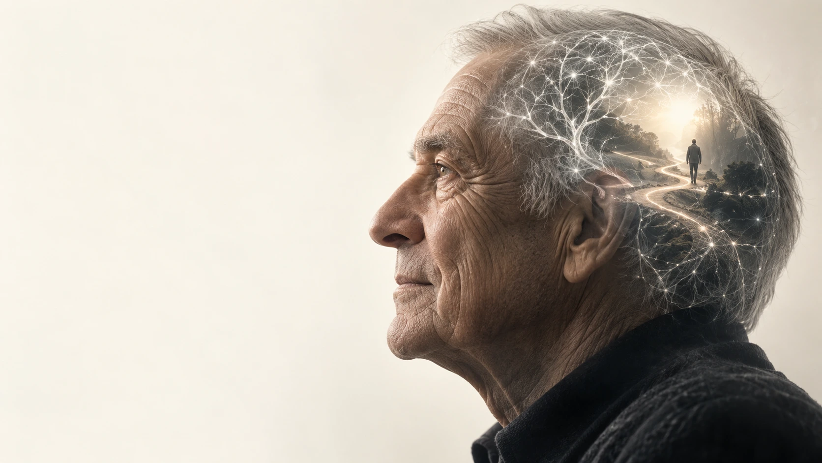 Hombre mayor de perfil con una composición de conexiones cerebrales y un camino luminoso